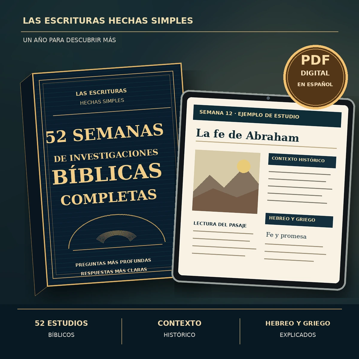 Presentación ilustrativa de la guía 52 Semanas de Investigaciones Bíblicas Completas, con portada y página de estudio en español